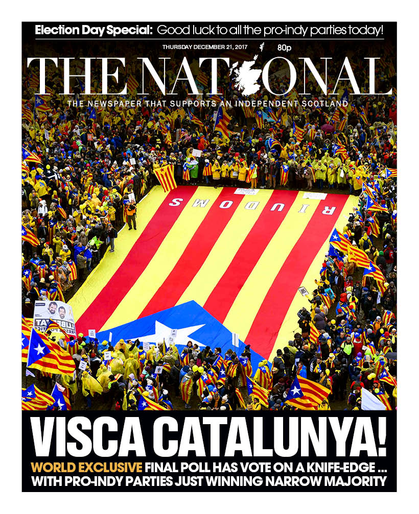 ScotNational's tweet image. Tomorrow's front page ... Visca Catalunya! World Exclusive: Final poll has vote on a knife-edge with pro-indy parties just winning narrow majority