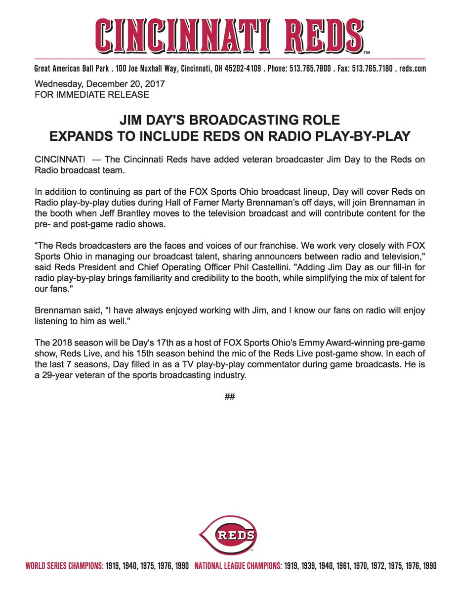 Reds's tweet photo. The Reds have added veteran broadcaster Jim Day to the Reds on Radio broadcast team. https://t.co/JUSUZLJscf