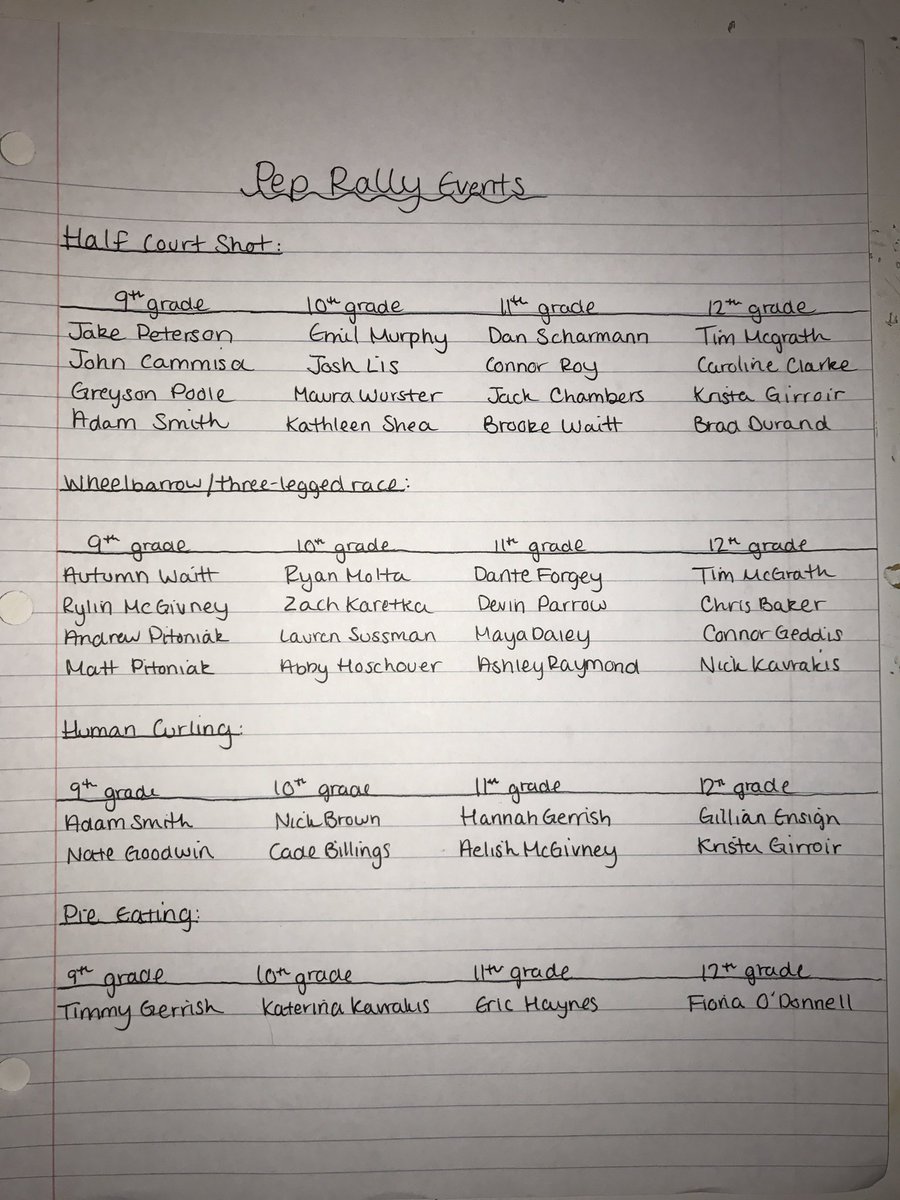 SouthwickStuCo's tweet photo. Here are the pep rally event contestants!! If you have any concerns feel free to DM us or find us in school tomorrow https://t.co/2mzH266TmK