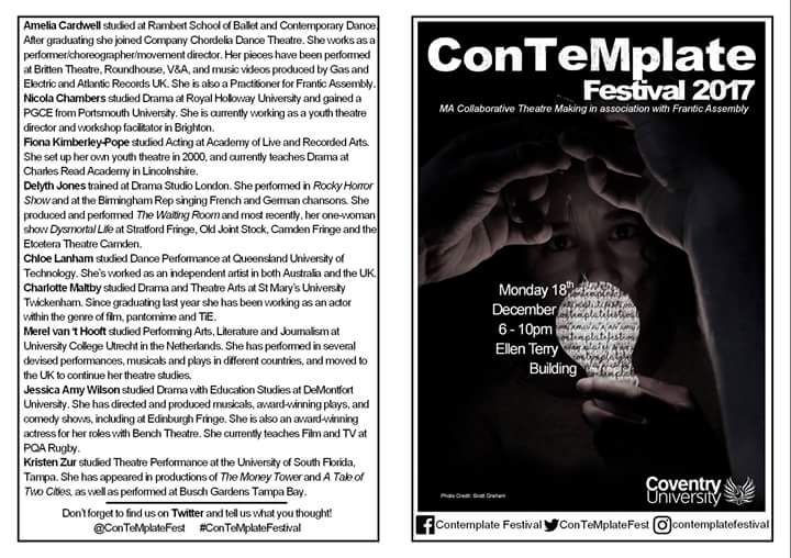 ConTeMplateFest's tweet photo. Here's a copy of the programme that was given out during ConTeMplate Festival 2017!
#ConTeMplateFestival #collaborativetheatremaking https://t.co/J6PYmkHWCQ