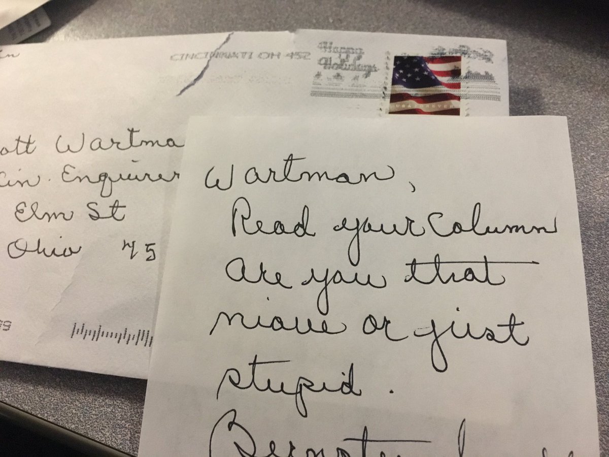 ScottWartman's tweet photo. It's nice that the postal service stamps a holiday greeting on hate mail free of charge https://t.co/GuvDgqAh5p