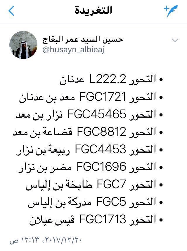 التحور L222.2 عدنان
• التحور FGC1721  معد بن عدنان 
• التحور FGC45465  نزار بن معد
• التحور FGC8812  قضاعة بن معد
• التحور FGC4453  ربيعة بن نزار
• التحور FGC1696  مضر بن نزار
• التحور FGC7  طابخة بن إلياس
• التحور FGC5  مدركة بن إلياس
• التحور FGC1713  قيس عيلان