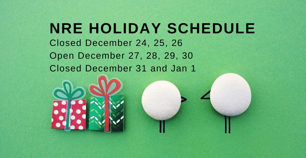 The NRE will be closed Dec 24, 25, 26. Open Dec 27, 28, 29, 30. Closed Dec 31 and Jan 1. Happy Holidays to all! #Nanaimo