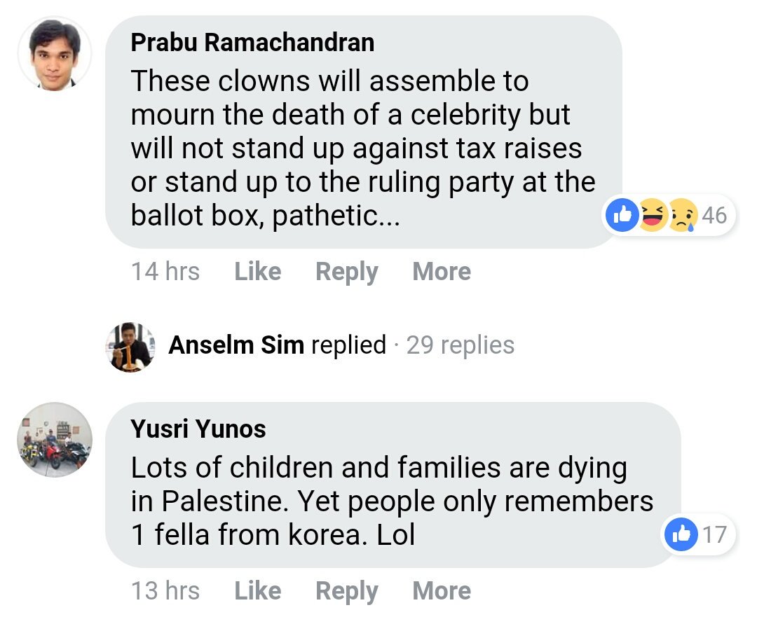 sidewaycactus's tweet photo. @STcom posted about singapore shawol paying their last respect to Jonghyun and the cmts are absolutely disgusting and disrespectful. They show no empathy just because its related to kpop just how superficial these grown adults are. #RipJonghyunShinee #YouDidWellJonghyun https://t.co/sHvqDHw6ZR