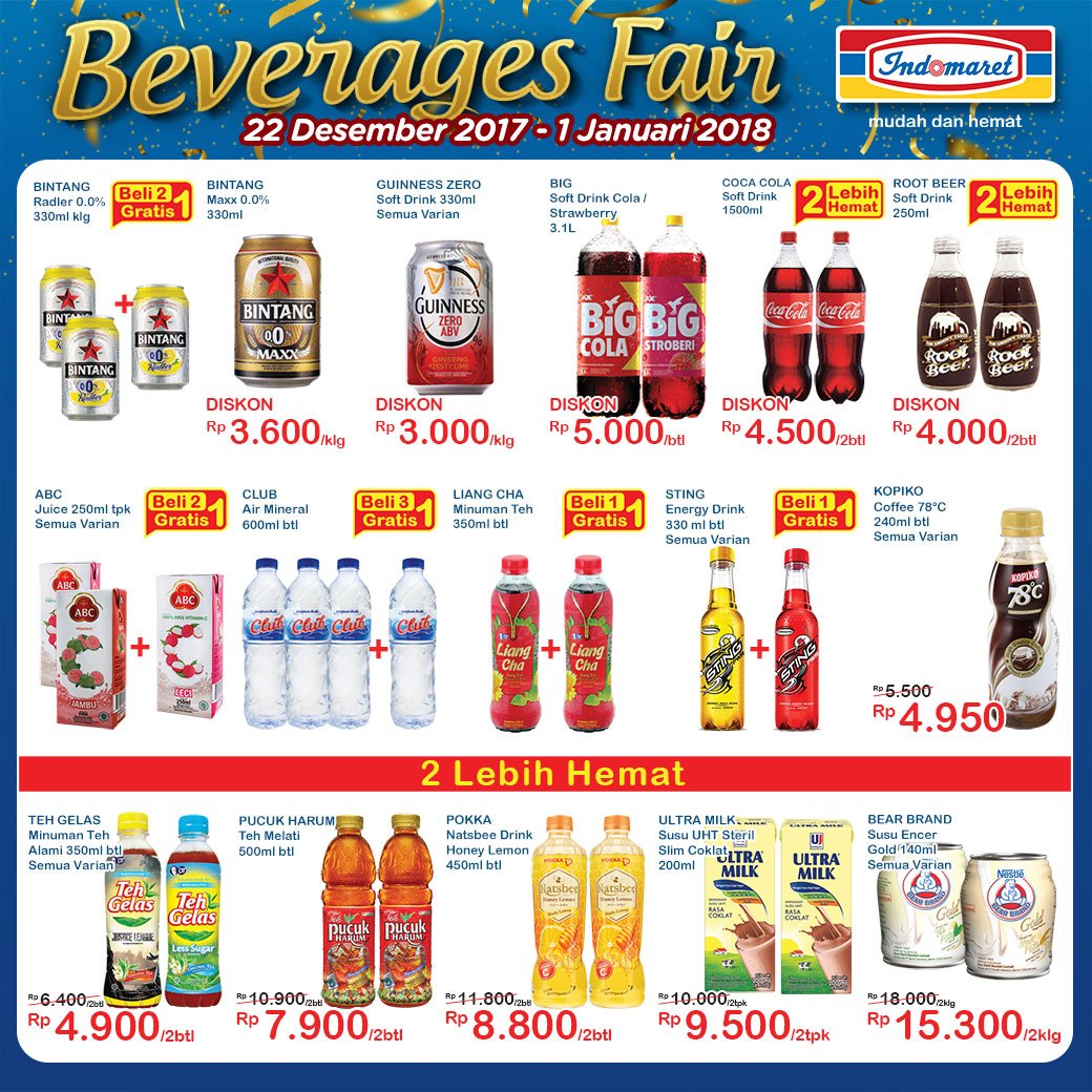 Dapatkan yang hemat produk Beverages Fair hanya di Indomaret. Promo berlaku 22 Desember 2017 - 1 Januari 2018. (2) #SuperHemat #Indomaret goo.gl/6PtZ7x