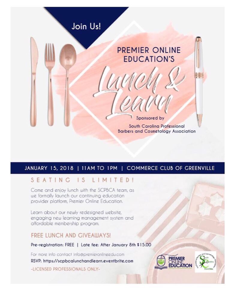 thedanaw's tweet photo. 🗣join @SCPBCA “Lunch &amp; Learn” January 15th. 
🗣It’s free! Registration online https://t.co/tX89nrtpPQ

#TeamWeEducate #CEHours #Live #Online #MethodsofTeaching #UpstatePremierCEProvider #TenYears #Hair #Nail #Skin #WeEducate #WeInspire #WeEncourage https://t.co/kIj2Xk0b01