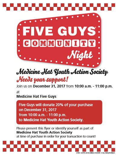 Head to Five Guys on New Year's Eve and mention our ad and they will donate 20% of sales to our organization! #community #supportouryouth #fundraising