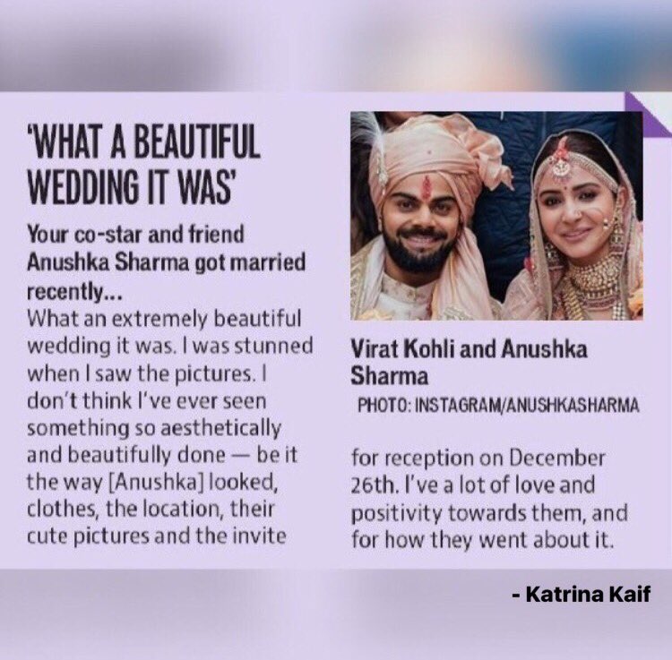 "What an extremely beautiful wedding it was. I was stunned when I saw the pictures. I don't think I've ever seen something so aesthetically and beautifully done - be it the way  @AnushkaSharma looked, clothes, the location, their cute pictures &..." -  #KatrinaKaif   #AnuKat