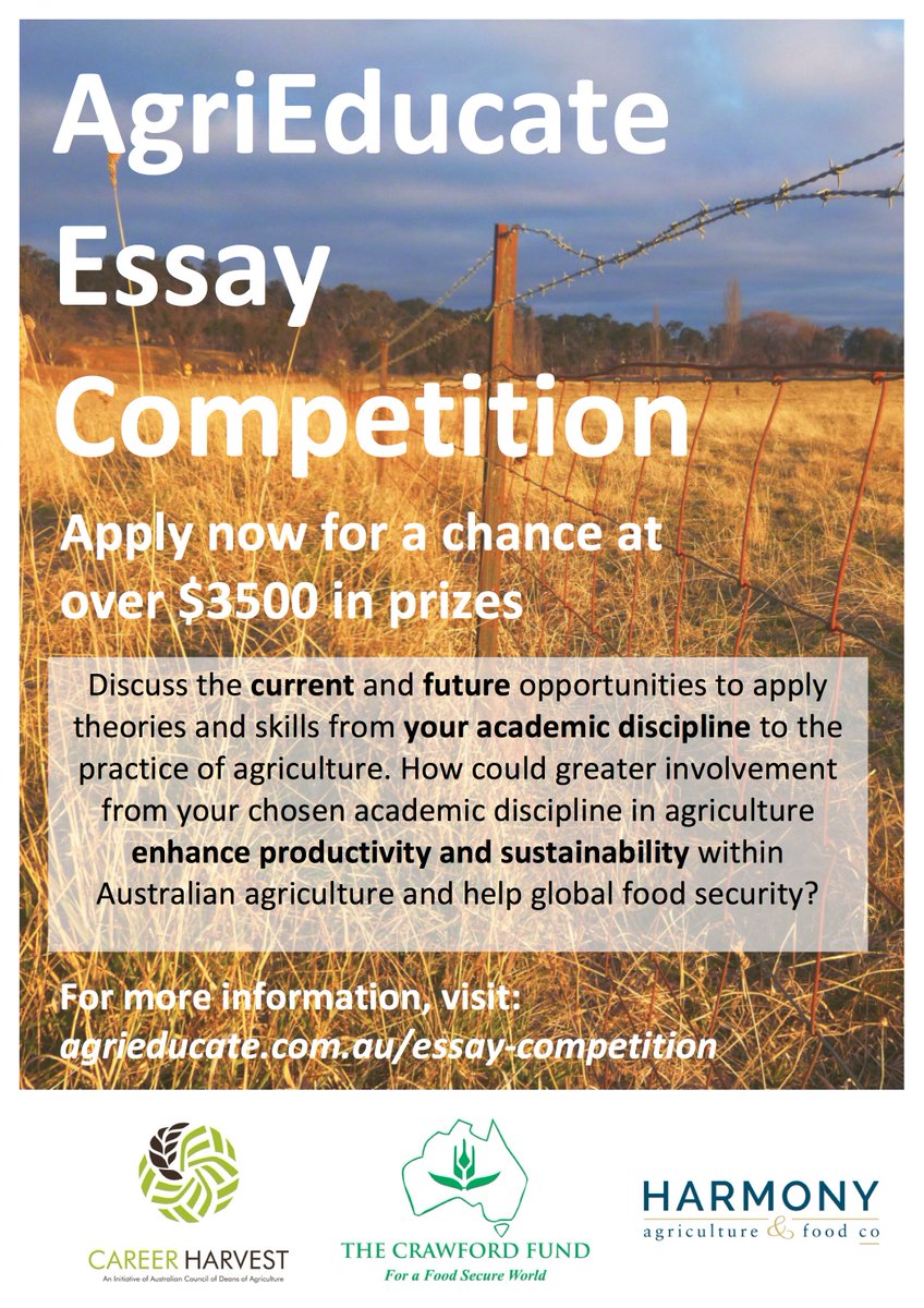 AgriEducate (@agrieducate) on Twitter photo Are you studying any degree whatsoever, want to help feed the world & win a share of $3500?
Well apply that knowledge to agriculture & submit a 1000 word essay for the AgriEducate Essay Competition!
<a href="/CrawfordFund/">The Crawford Fund</a> @HAAFCo @CareerHarvest
More info:
agrieducate.com.au/essay-competit… Are you studying any degree whatsoever, want to help feed the world & win a share of $3500?
Well apply that knowledge to agriculture & submit a 1000 word essay for the AgriEducate Essay Competition!
<a href="/CrawfordFund/">The Crawford Fund</a> @HAAFCo @CareerHarvest
More info:
agrieducate.com.au/essay-competit…