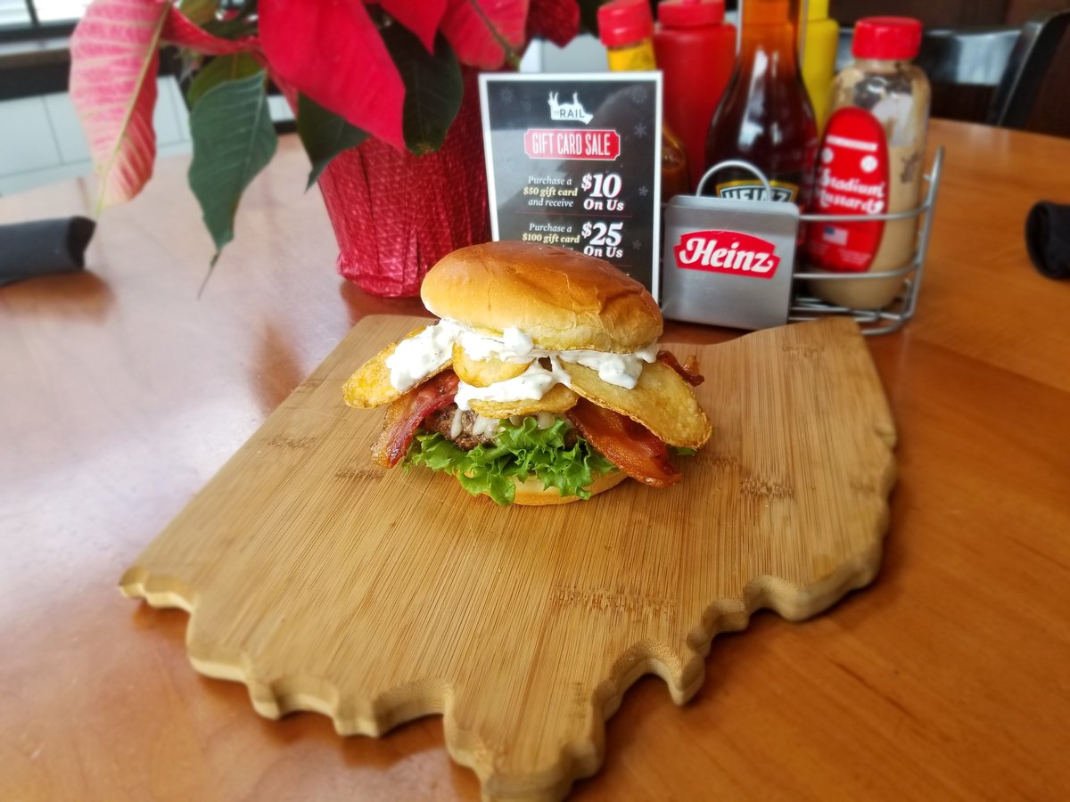 TheRailBurger's tweet photo. #Akron's #WeekendSpecial is the Retro Burger, topped with Smoked Provolone, Bacon, Lettuce, House Chips and Retro Dip, available Thursday through Sunday for $12! #EatLocal #RetronBurger #Fairlawn #BurgerFeature #WeekendFeature #Foodie #BurgerSpecials #Yum https://t.co/mR0kbx1w19