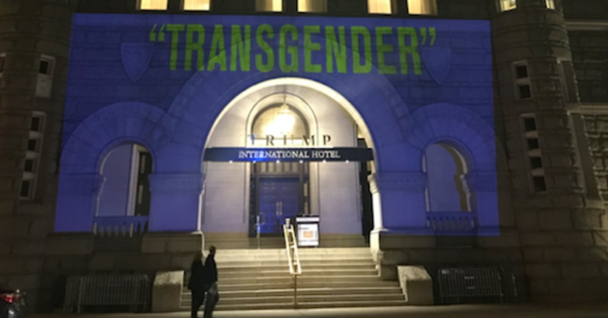 HuffPost's tweet photo. LGBTQ group projects words Trump reportedly tried to ban from CDC onto his hotel https://t.co/HxUB3SebFg https://t.co/fZOGJ8zz1r