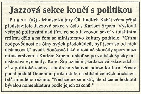 VIA_Praha's tweet photo. „Nechceme se mstít.“ Jazzová sekce se už chce věnovat jenom kultuře. Přesto ale Karel Srp podal podnět na stíhání čelných představitelů minulého režimu. #mfd92 (19.12.1992) https://t.co/a0YNslqP8X