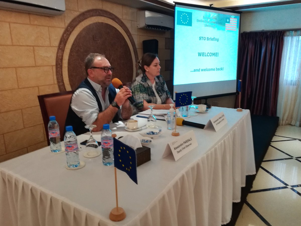 EUEOMLiberia's tweet photo. Welcome back 34 #EUEOM  short term #election observers in #Liberia. Briefing with EU Ambassador Helene Cave this morning in #Monrovia. https://t.co/BgsHOIePsc