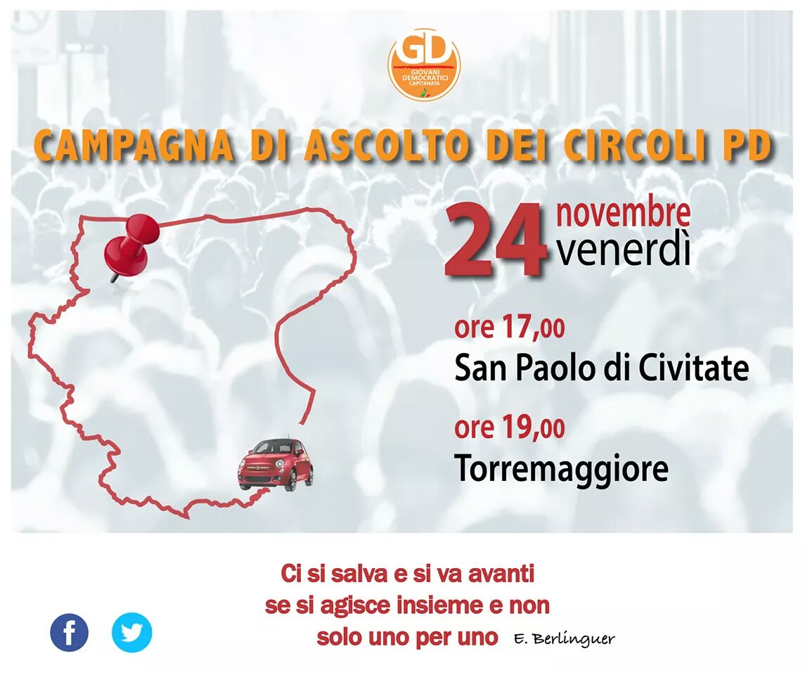 GDCapitanata's tweet photo. Tour di ascolto dei circoli del Pd. I #GDCap, dopo aver aperto il tour a San Paolo di Civitate e Torremaggiore, sono stati, domenica scorsa, a Zapponeta e Mattinata. Oggi tappa ad Apricena.
#tourdiascolto #labellapolitica https://t.co/AghM5QJVrN