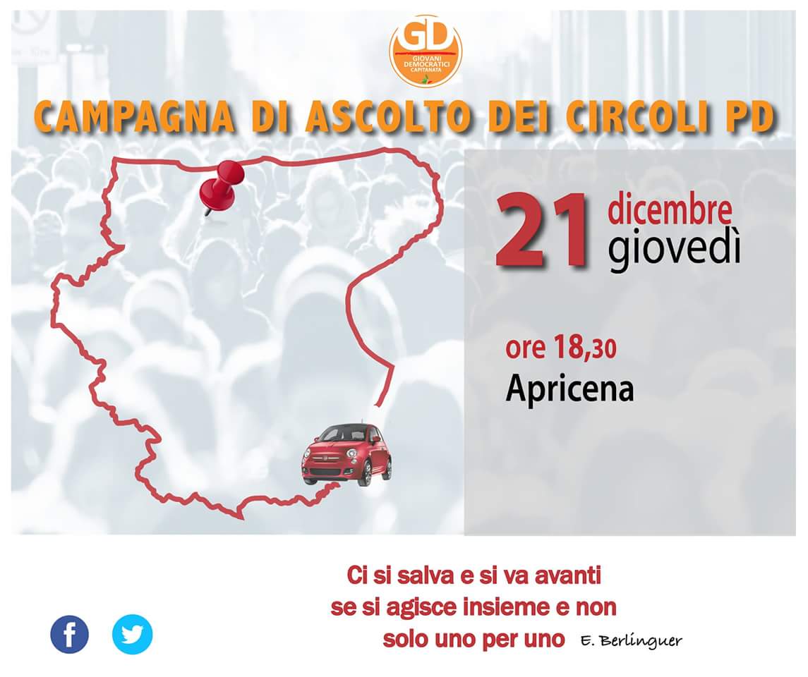 GDCapitanata's tweet photo. Tour di ascolto dei circoli del Pd. I #GDCap, dopo aver aperto il tour a San Paolo di Civitate e Torremaggiore, sono stati, domenica scorsa, a Zapponeta e Mattinata. Oggi tappa ad Apricena.
#tourdiascolto #labellapolitica https://t.co/AghM5QJVrN