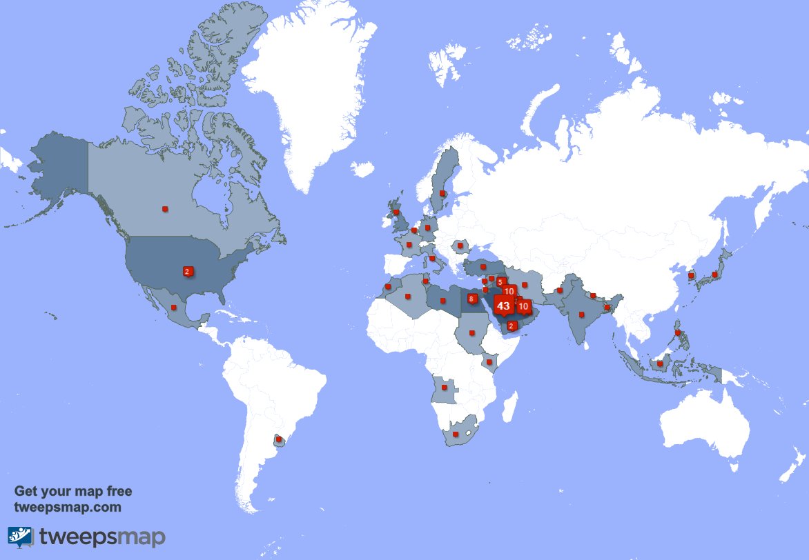 My followers live in Saudi Arabia (42%), Kuwait(10%)... Get your map: tweepsmap.com/!Rimmmah20