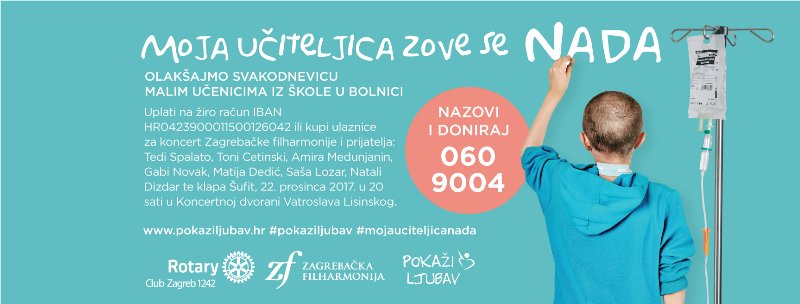 Sutra u 20 sati počinje koncert #Zagrebackafilharmonija i prijatelja  „Moja učiteljica zove se NADA“ u sklopu humanitarne akcije Rotary cluba Zagreb 1242  „Pokaži ljubav – za Školu u bolnici“! Više informacija - goo.gl/tr9tPg