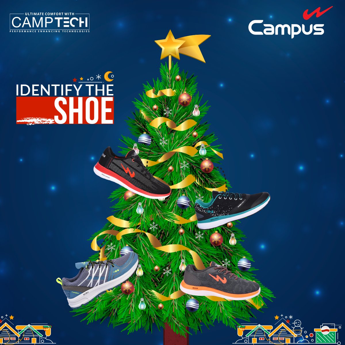 Identify all the #Campus shoes which are hanging on this Beautiful #Christmas tree and reply with the correct answer in the comment section below. Hint: Refer Our Website: goo.gl/yrhLeZ #ContestAlert #ThursdayThoughts #ChristmasWithCampus #Contest #MerryChristmas