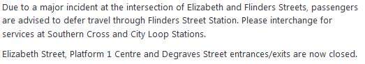 metrotrains's tweet image. UPDATE Flinders Street: Due to a major incident at the intersection of Elizabeth and Flinders Streets, passengers are advised to defer travel through Flinders Street Station. Please interchange for services at Southern Cross and City Loop Stations. .