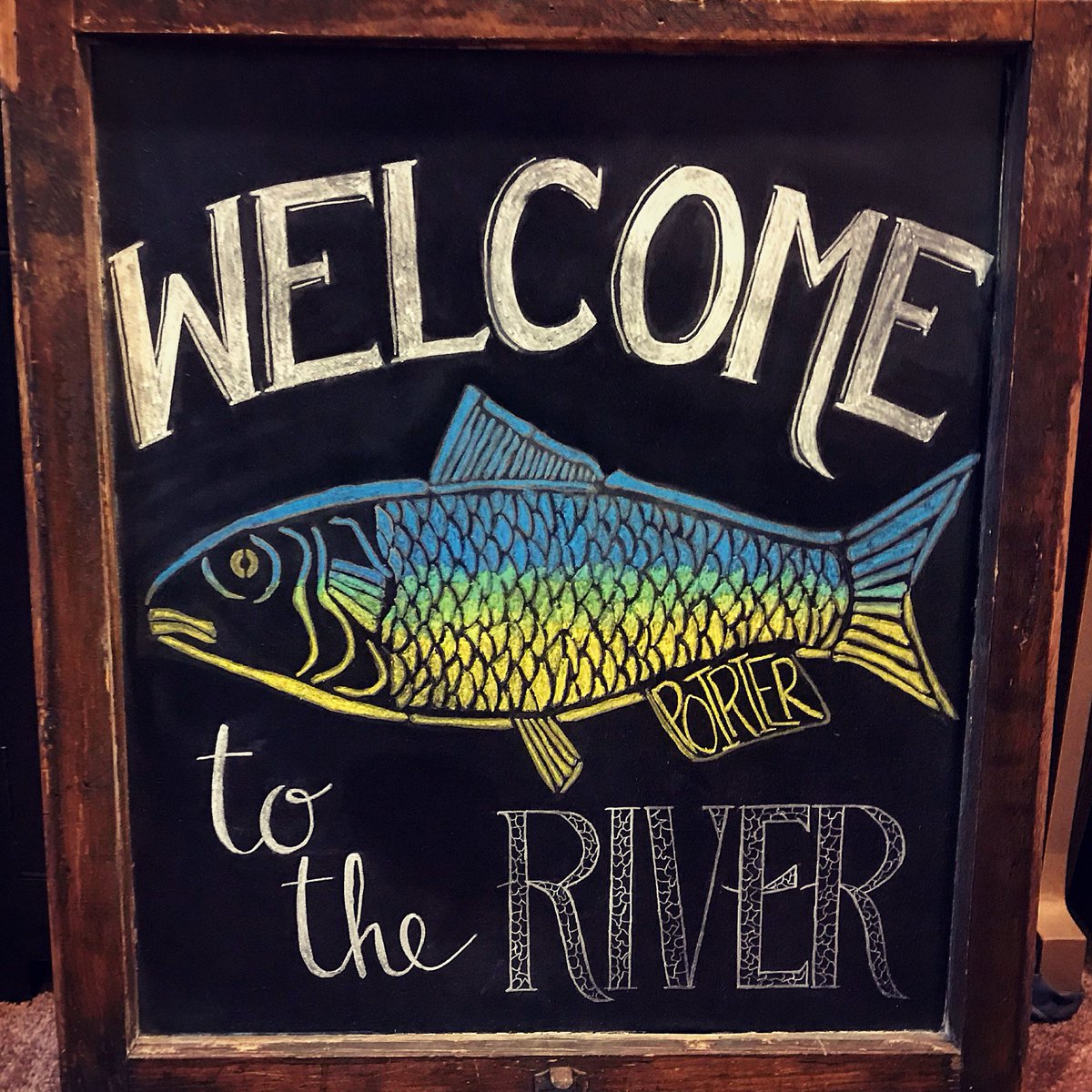 chalk_the_line's tweet photo. Had a lot of fun working on this design... something to enjoy all year round! #WelcomeToTheRiver #ChalkTheLine #chalkart #chalk #chalkboard #homedecor #repurposed #customdesign #fish #river https://t.co/VCLCw3uoli