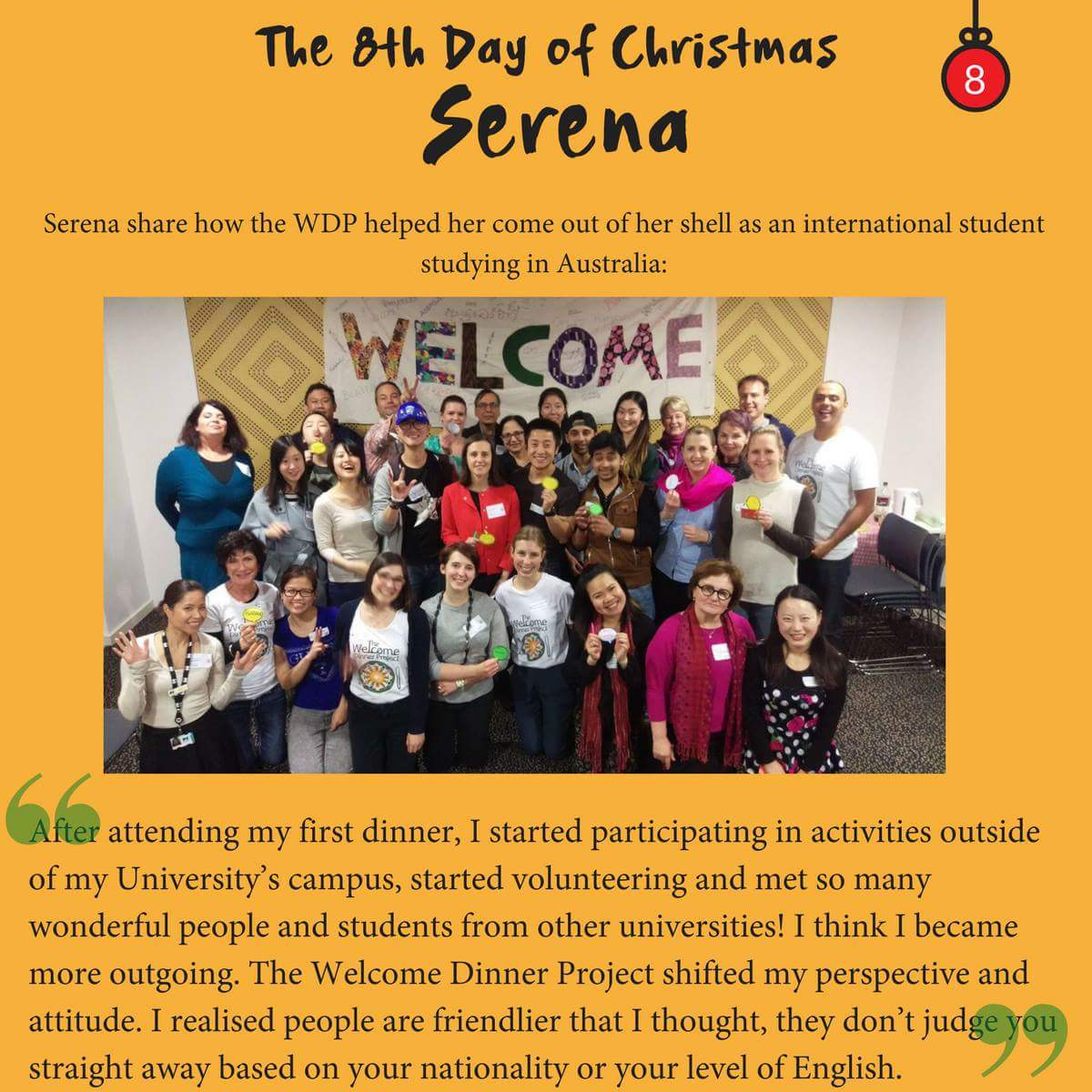 On the 8th Day of Christmas, Serena tells us how The Welcome Dinner Project​ helped her to come out of her shell. Read her full story on the blog: bit.ly/2Bgpbdb