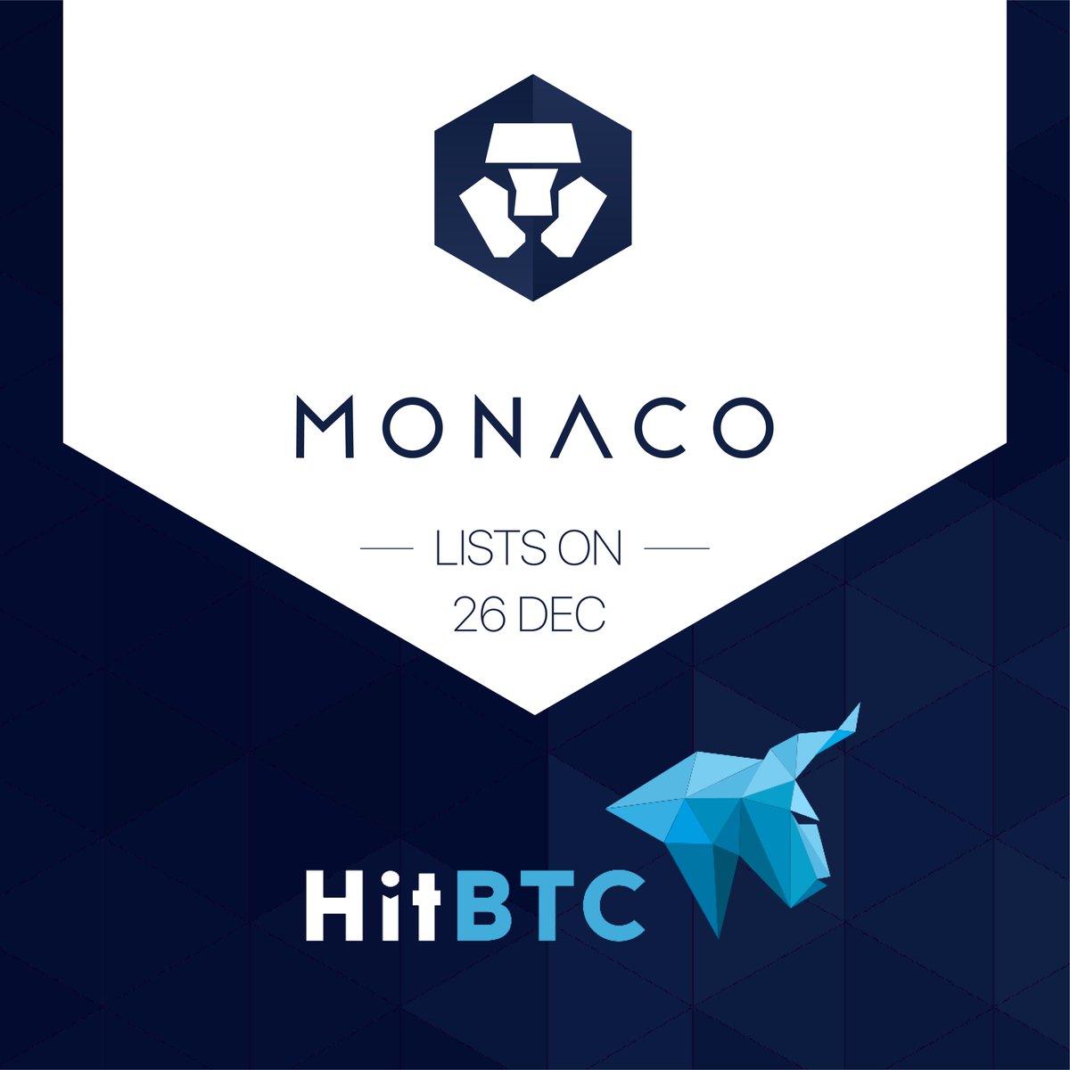 cryptocom's tweet photo. We are happy to announce that $MCO will be listed on @hitbtc - #9 cryptocurrency market in the world - daily trading volume of 1B+ on 26 Dec. #cryptocurrency https://t.co/0ti9ieXnqx