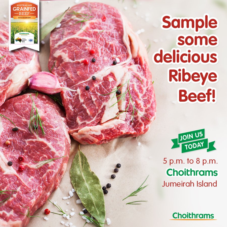choithramsuae's tweet photo. Visit Choithrams Jumeirah Islands for Mouth watering delicious beef sampling from 5pm to 8pm.

#Choithrams #fullofgoodness #grainfed #beef #ribeye #ribeyebeef #jumeirahislands #mydubai #uae #happinessatchoithrams https://t.co/ih1z2I1rRi