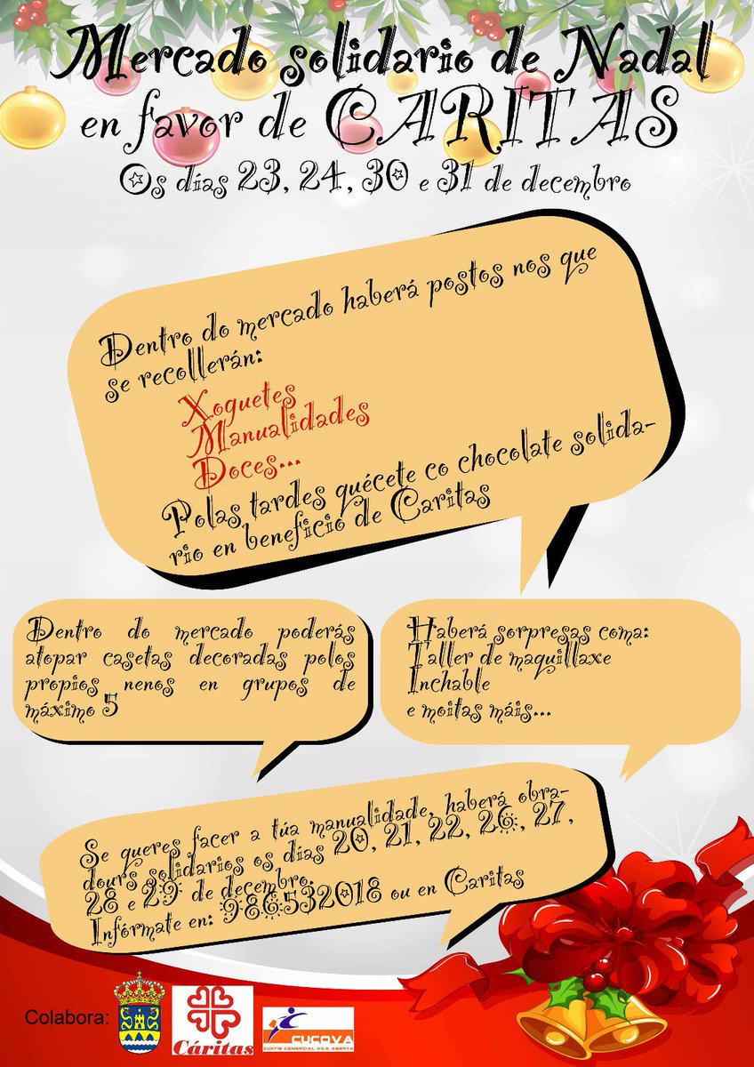 turismodecvntis's tweet photo. Mercado solidario en favor de Caritas. Haberá diferentes obradoiros e postos nos que participar e colaborar por unha boa causa. #cuntissolidario #orgullodevila #caritas #mercado #Nadal https://t.co/OdV6ESQwYr