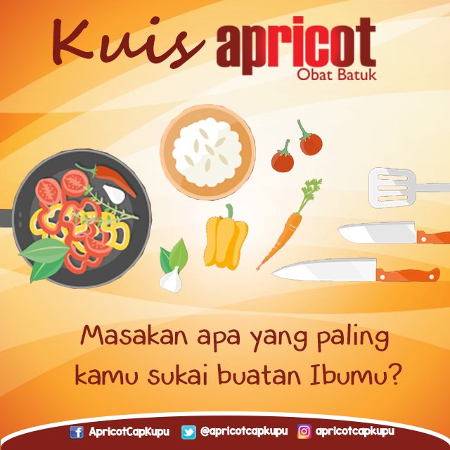 apricotcapkupu's tweet photo. Kuis Apricot datang lagi! Dalam memperingati hari ibu, share dikolom komentar yuk masakan apa sih yang paling kamu suka buatan ibumu? Yuk ikutan dengan cara: https://t.co/iwbcKpvfGH #Kuis #HariIbuApricot https://t.co/IX0Pwr7qRI