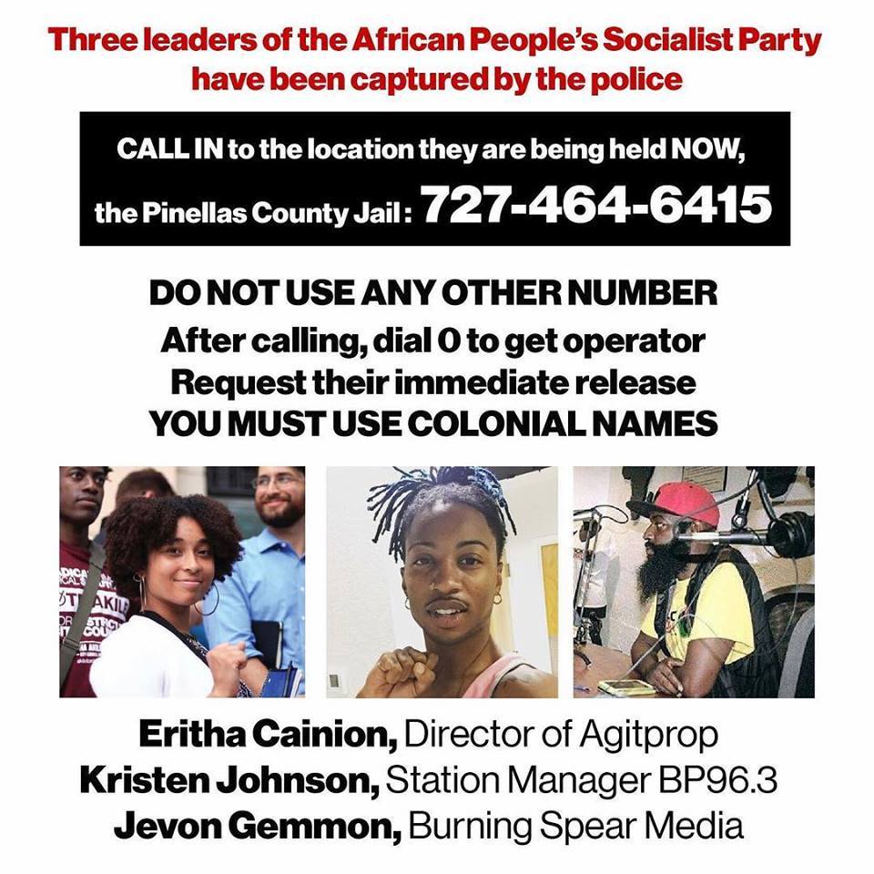 grxmd's tweet photo. 3 in Pinellas jail. Uhurus asking people to call (727) 464-6415 &amp; drop charges. https://t.co/A6xpaAZnPp @UR_Ninja @enough14 @IGD_News https://t.co/ADg38T701E
