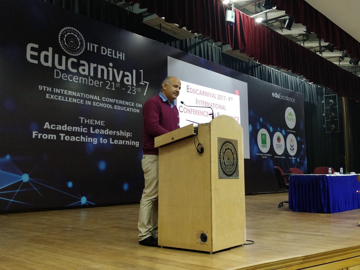 AAPGovt4Delhi's tweet photo. .@Minister_Edu @msisodia
At #Educarnival17 : 

The 9th International Conference On "From Teaching To Learning in #SchoolEdu" at IIT Delhi speaking on the need of Quality Content in School Curriculum. https://t.co/zYQnA07HN2