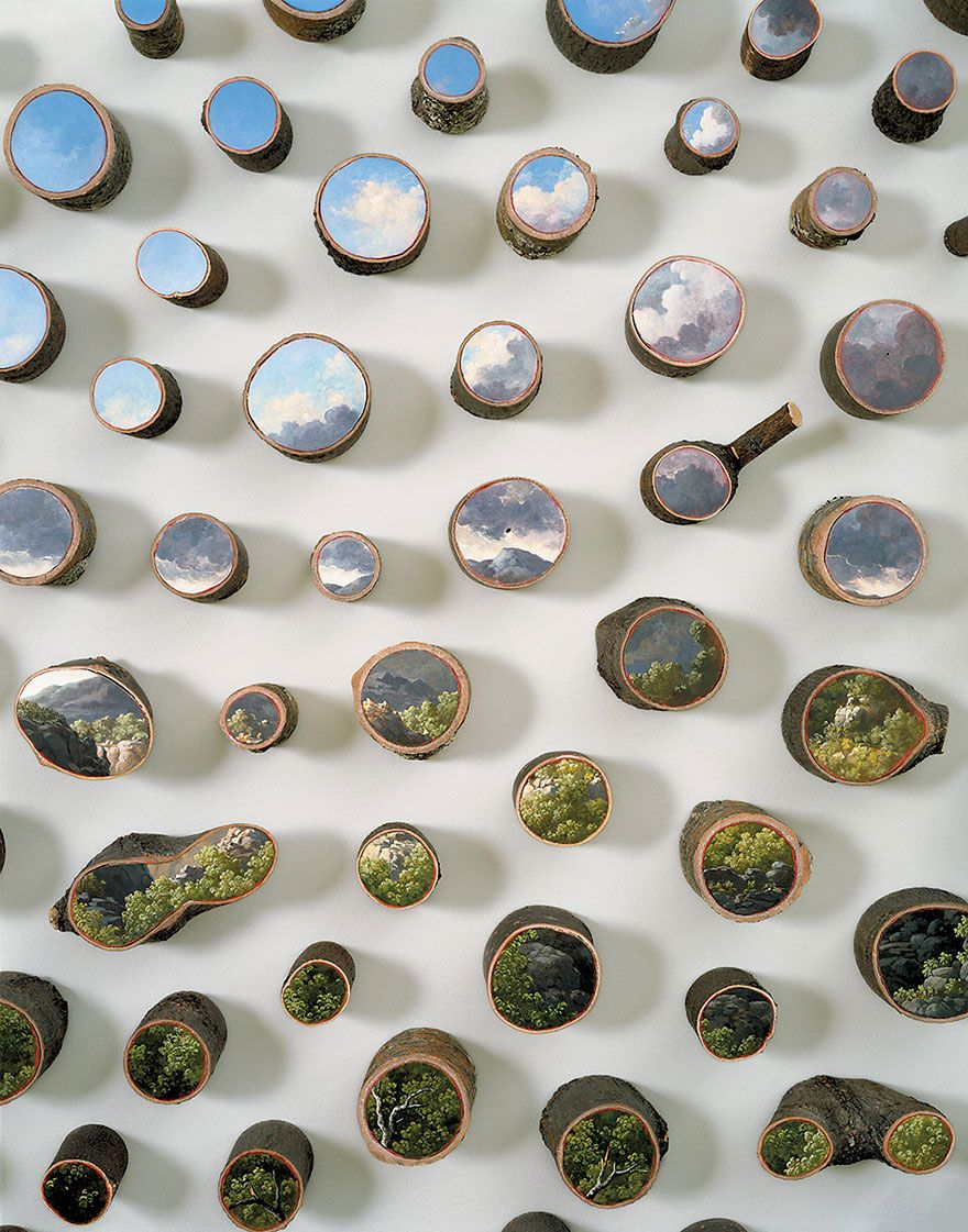 PrehistoricMojo's tweet photo. Idyllic, pastoral Landscapes Painted on the Surfaces of Cut Logs, stumps &amp; Fallen Tree Logs Tell Us Not To Take Nature For Granted - by US artist Alison Moritsugu. NY-based artist shows how we look at and treat the environment. https://t.co/NGvpPHZeuo #natural #logart #womensart https://t.co/KMSGETSXri