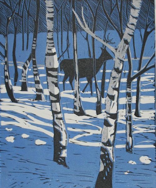 womensart1's tweet image. 'Stag in the birches' by printmaker Celia Lewis #womensart #WinterSolstice