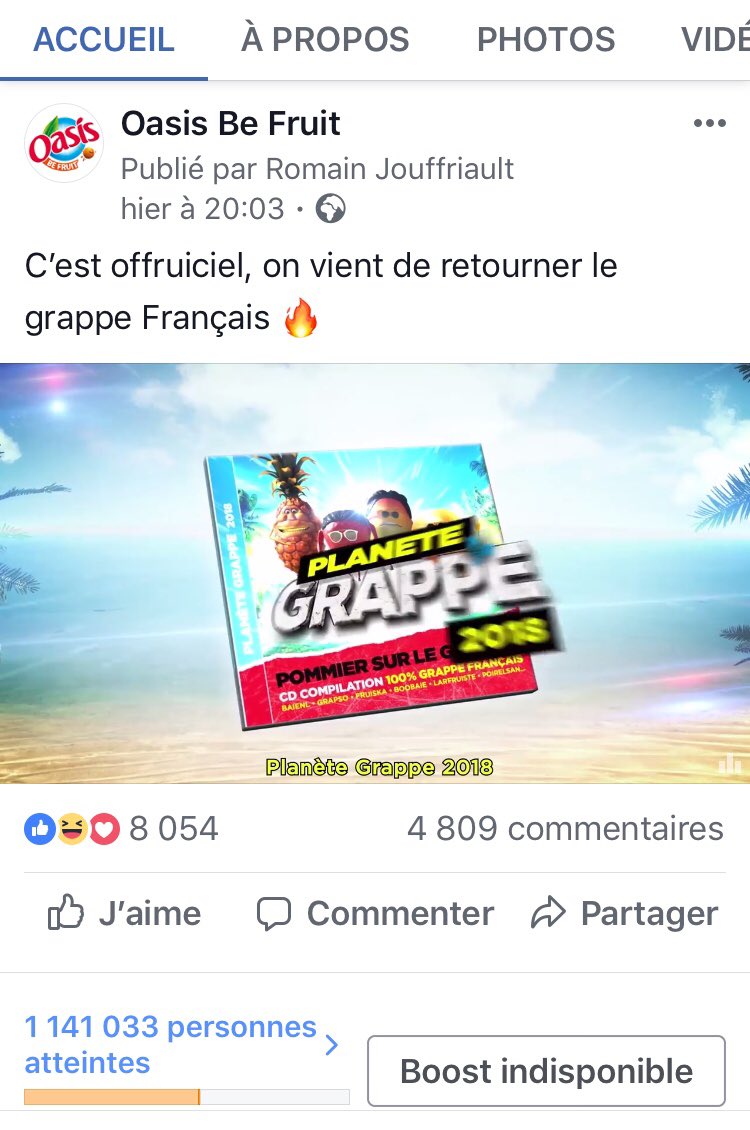 Bon sur 3M de fans Facebook ça fait 35% de reach organique😂 on peut toujours créer de la magie sur les RS bravo <a href="/marcelagency/">MARCEL</a> &amp; <a href="/oasisbefruit/">Oasis</a> 👍🏻