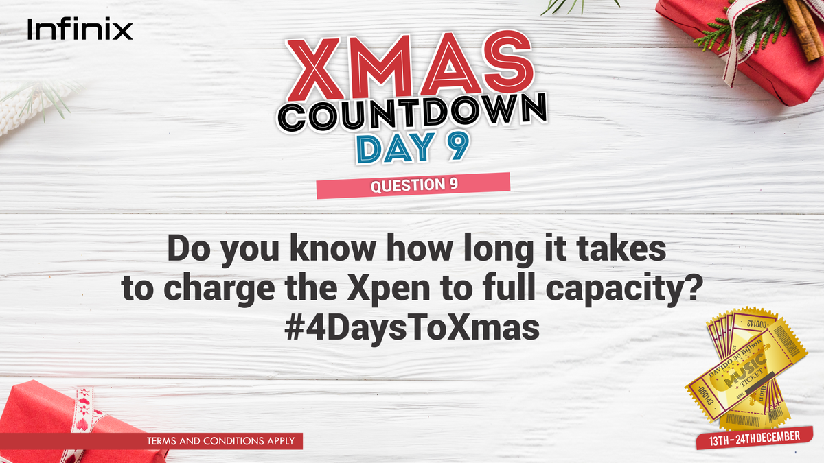 InfinixNigeria's tweet photo. Let’s see if you can take charge of the #InfiniXmasCountdown for today. Do you know how long it takes to charge the Xpen to full capacity? #4DaysToXmas https://t.co/mkJNbZ2gMi