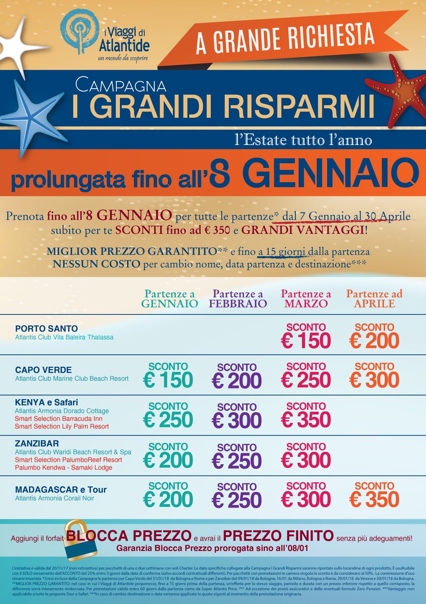 ViaggiAtlantide's tweet photo. A Grande Richiesta la campagna "I Grandi Risparmi - L'Estate tutto l'anno" è stata prorogata. Prenotando dal 20 Novembre all'8 Gennaio con partenza tra il 7 Gennaio e il 30 Aprile, fino ad €350 di #sconti a prenotazione e Grandi Vantaggi!  #Travel #Viaggi #WeAreAtlantide https://t.co/OjxWBxLAxh