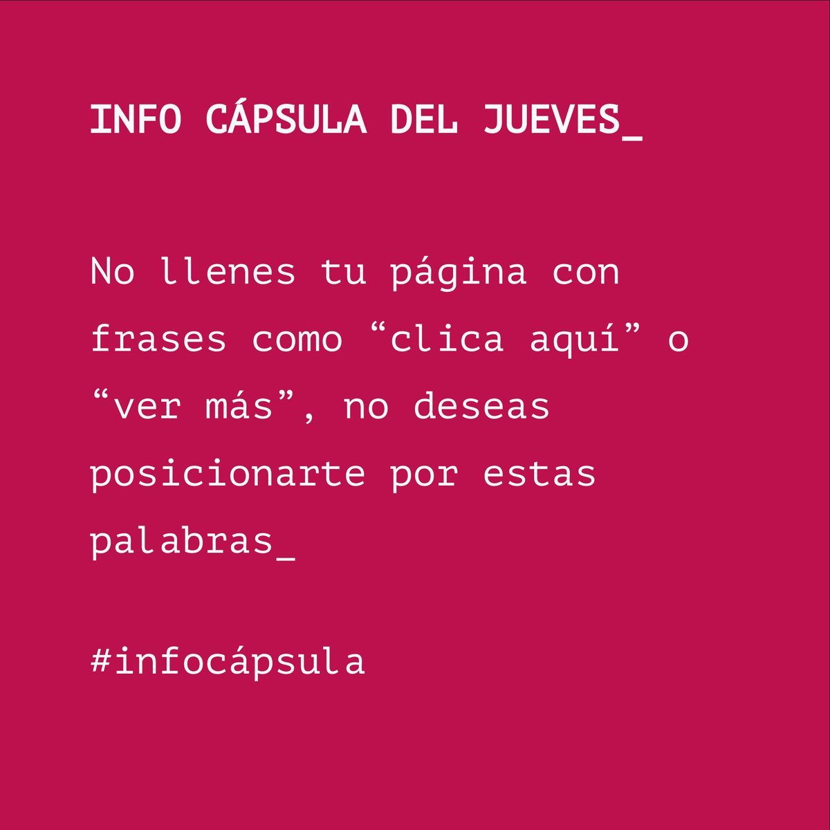 montsepenarroya's tweet photo. Evita repetir frases que no te interesen. Mejora tu #SEO siguiendo la serie #infocapsula. #marketingdigital 🚀 https://t.co/NFnOzxNaeW