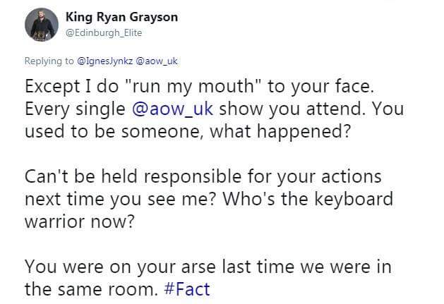 opw_uk's tweet photo. It's been developing since #WarontheShore from their first altercation in #AOWUK, then continued to a physical confrontation at #MorecambeMayhem.
After @Edinburgh_Elite left #FBC17 as Champion, he began to mock @IgnesJynkz, who responded in kind... https://t.co/EKJUet4nCs
