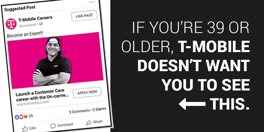 Breaking! <a href="/TMobile/">T-Mobile</a>, <a href="/Amazon/">Amazon</a> &amp; hundreds of other huge companies are being hit with a class action lawsuit after allegedly excluding older Americans from job ads. #1u go.cwa.net/2BHKMIB