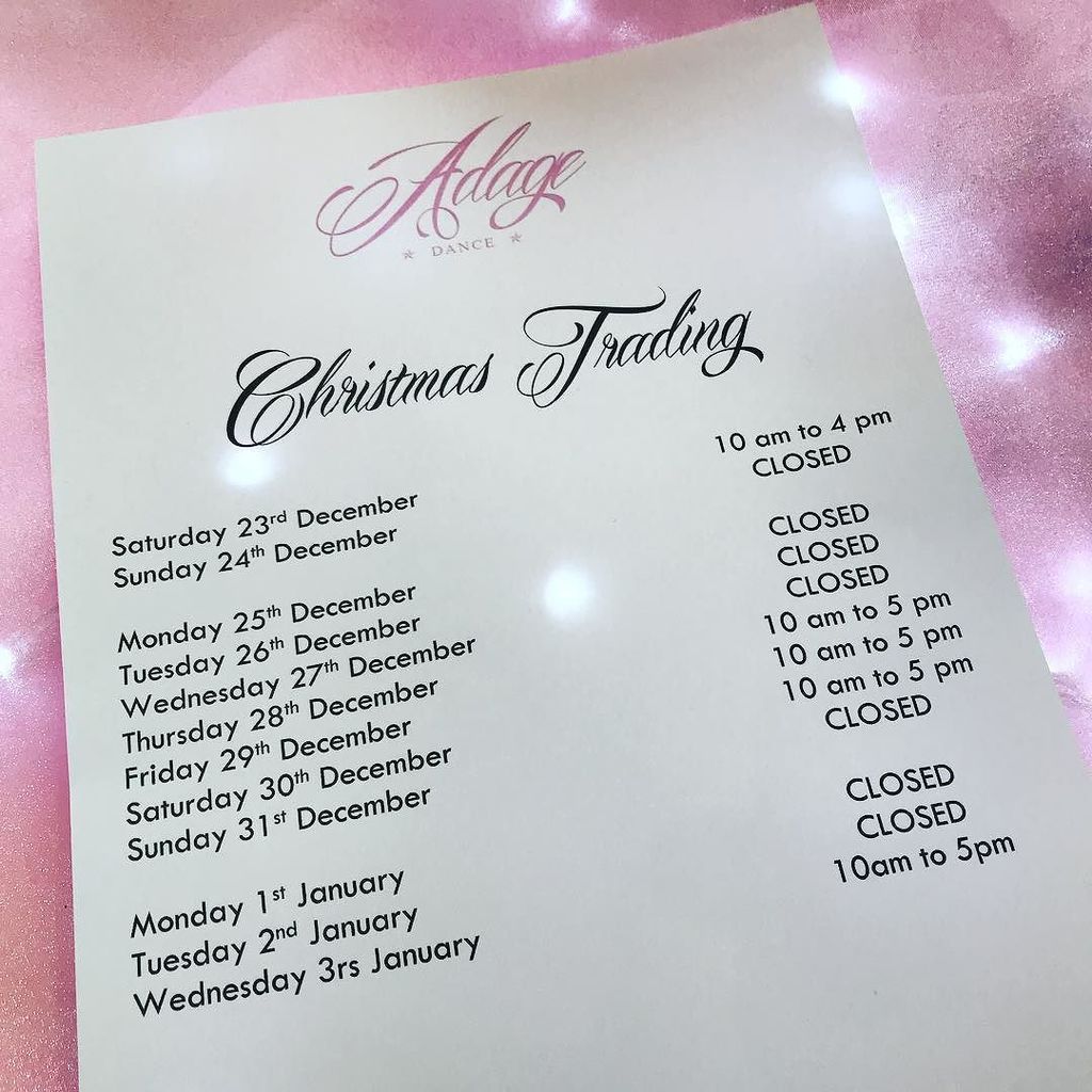 adagedancewear's tweet photo. These are our Christmas Trading hours for 2017 - It’s almost here folks! 
When we open on Thursday 28th December we will start our SALE with up to 50% off selected items! 
#AdageDance #Harrogate #Yorkshire #NorthYorkshire #OpeningTimes #TradingTimes #Chr… https://t.co/nk5sDTRd1x https://t.co/Zoc3JEKvbR