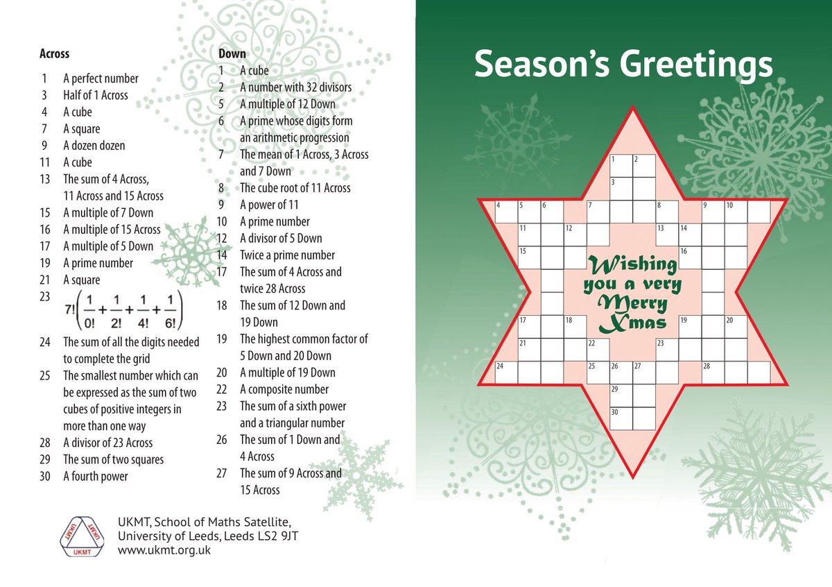 UKMathsTrust's tweet photo. The UKMT office is now closed until 2 January. Time to wind down with this festive Cross-number. Merry Christmas to all our followers! #UKMTProblem https://t.co/SXvM3W9fa9