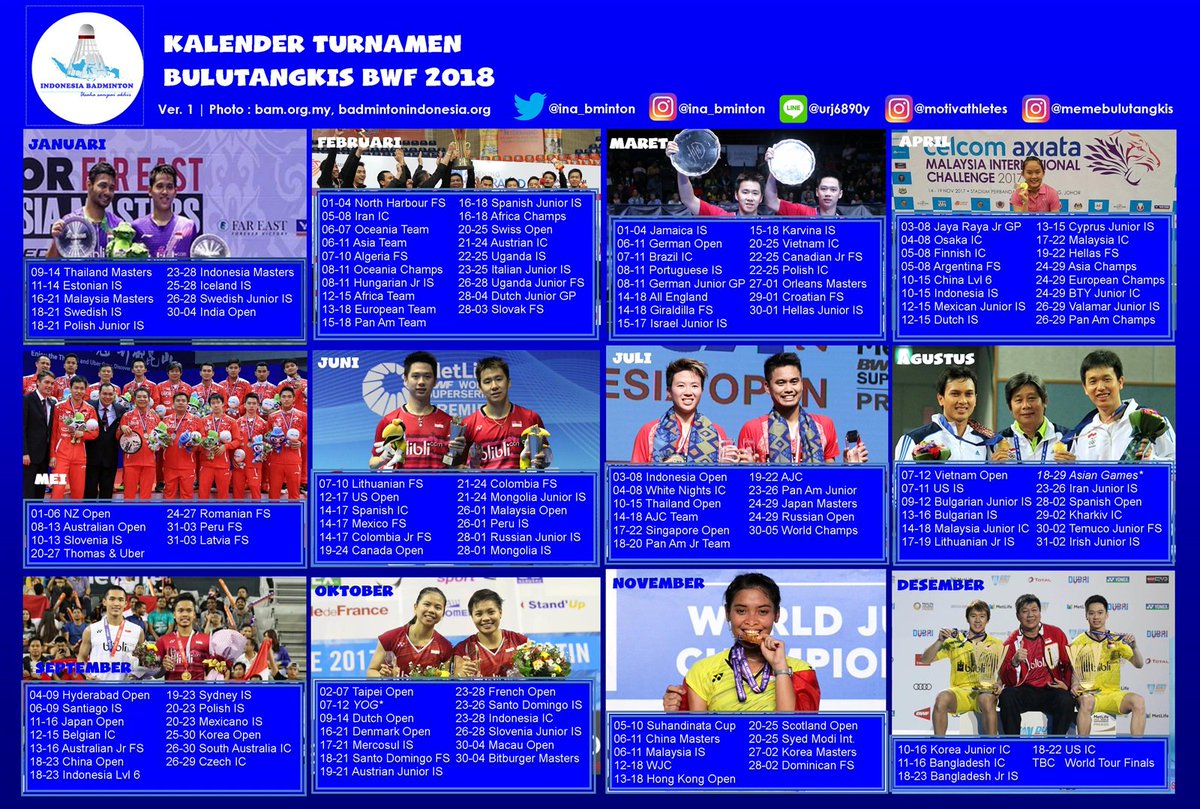 INA_Bminton's tweet photo. Kalender turnamen bulutangkis 2018 (Ver. 1)

Bisa juga didownload di https://t.co/Dzhz8JqESD https://t.co/WB1wpE0R9h
