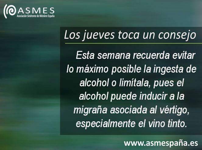 ASMES2016's tweet photo. El consejo de esta semana... #meniere #hipoacusia #vértigos #acúfenos #alcoholmoderado #00 https://t.co/ek0mL9ub7m