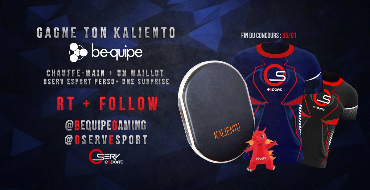 #CONCOURS Et on enchaîne avec un GiveAway #Kaliento🔥 <a href="/BequipeGaming/">Bequipe</a> pour les fêtes ! 

Et comme nous sommes fous, on vous fait gagner, au choix, le nouveau maillot <a href="/OservEsport/">OSV | #OSVWIN 🔴</a> personnalisé😱 

Pour participer : 
➡️ #RT 
➡️ Follow <a href="/OservEsport/">OSV | #OSVWIN 🔴</a> 
➡️ Follow <a href="/BequipeGaming/">Bequipe</a>
