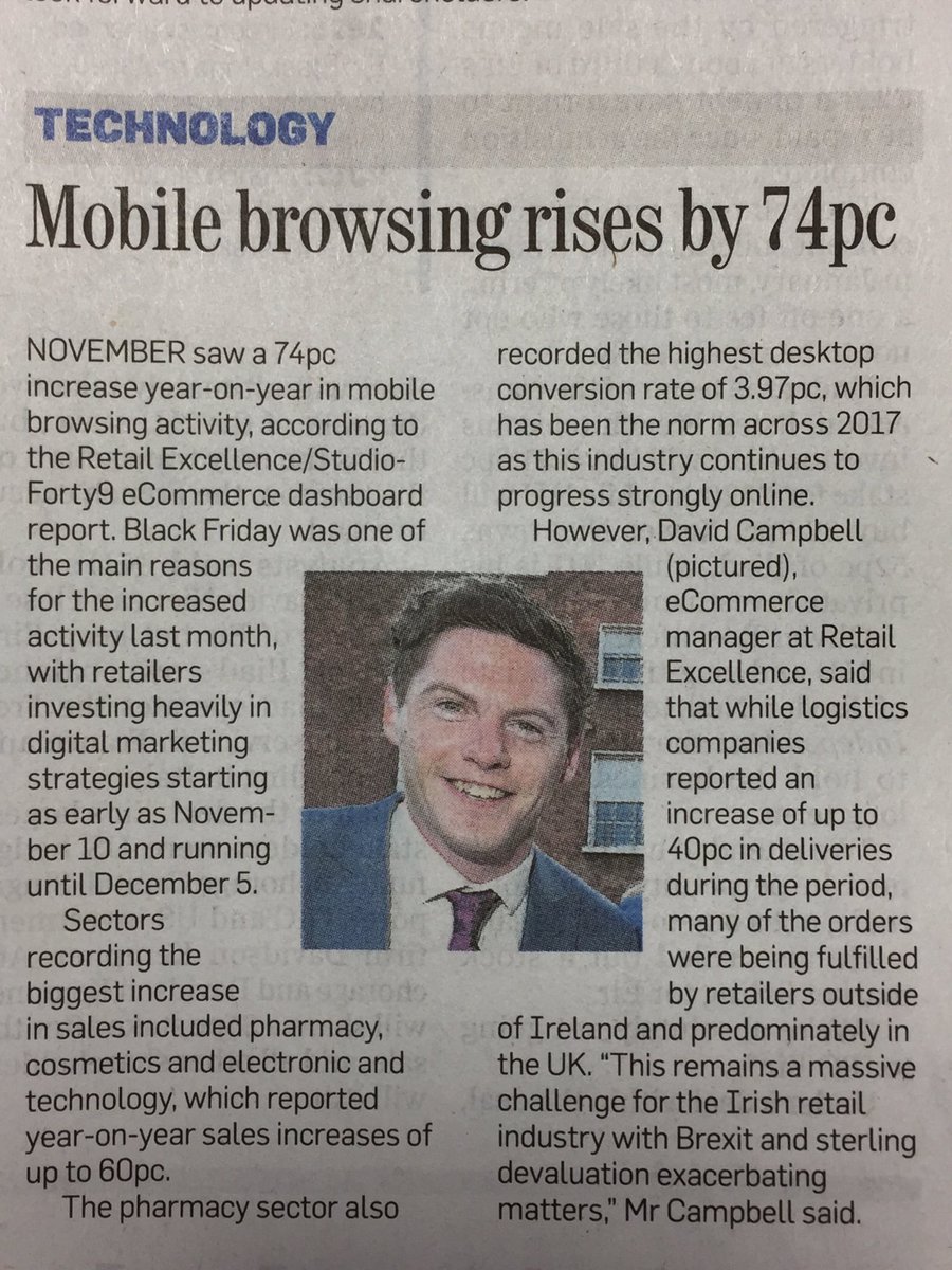 Delighted to featured in today's <a href="/Independent_ie/">Irish Independent</a> for the <a href="/RetailExIreland/">Retail Excellence Ireland</a> <a href="/sf9/">StudioForty9</a> November eCommerce Dashboard Report #ThisIsRetail