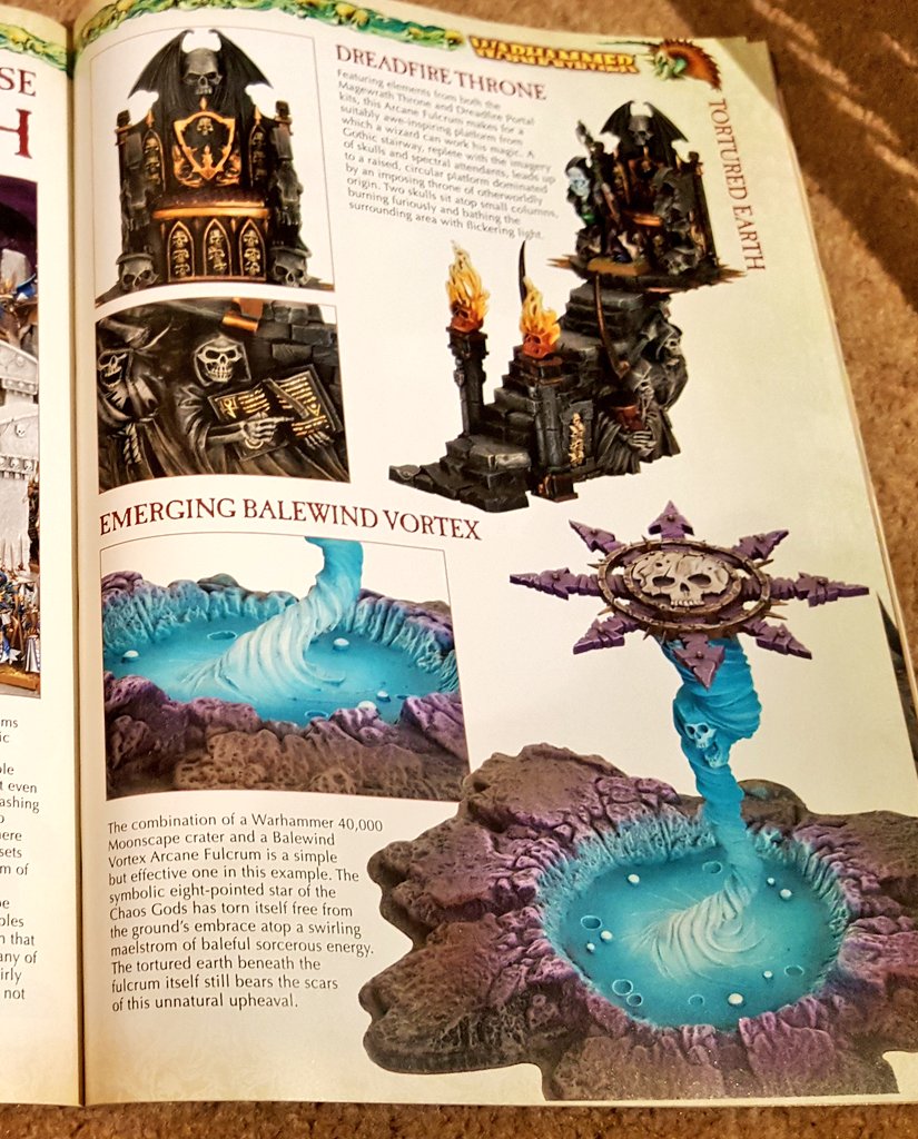 Thornshield's tweet photo. Storm of Magic was one of my favourite supplements in 8th Ed. No surprise that the no-limits aesthetic of #AoS is what I enjoy the most. Check out these stunning scenery pieces from the WD covering SoM #wantmoar #terrainthursday https://t.co/L20SB5PLTf