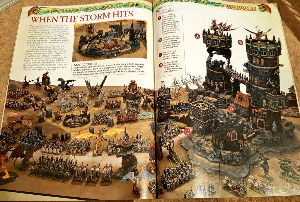 Thornshield's tweet photo. Storm of Magic was one of my favourite supplements in 8th Ed. No surprise that the no-limits aesthetic of #AoS is what I enjoy the most. Check out these stunning scenery pieces from the WD covering SoM #wantmoar #terrainthursday https://t.co/L20SB5PLTf