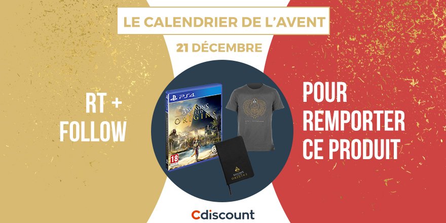 Cdiscount's tweet image. 🎅 #LeNoëlDeCdiscount - JOUR 21

🎁 À gagner : 
🔸 1 jeu #AssassinsCreedOrigins sur PS4 + 1 T-shirt + 1 carnet à gagner &amp;gt; bit.ly/2D15m6V

⚠️ Pour participer : 
🔸 RT + Follow @Cdiscount 

✅ TAS 27/12
