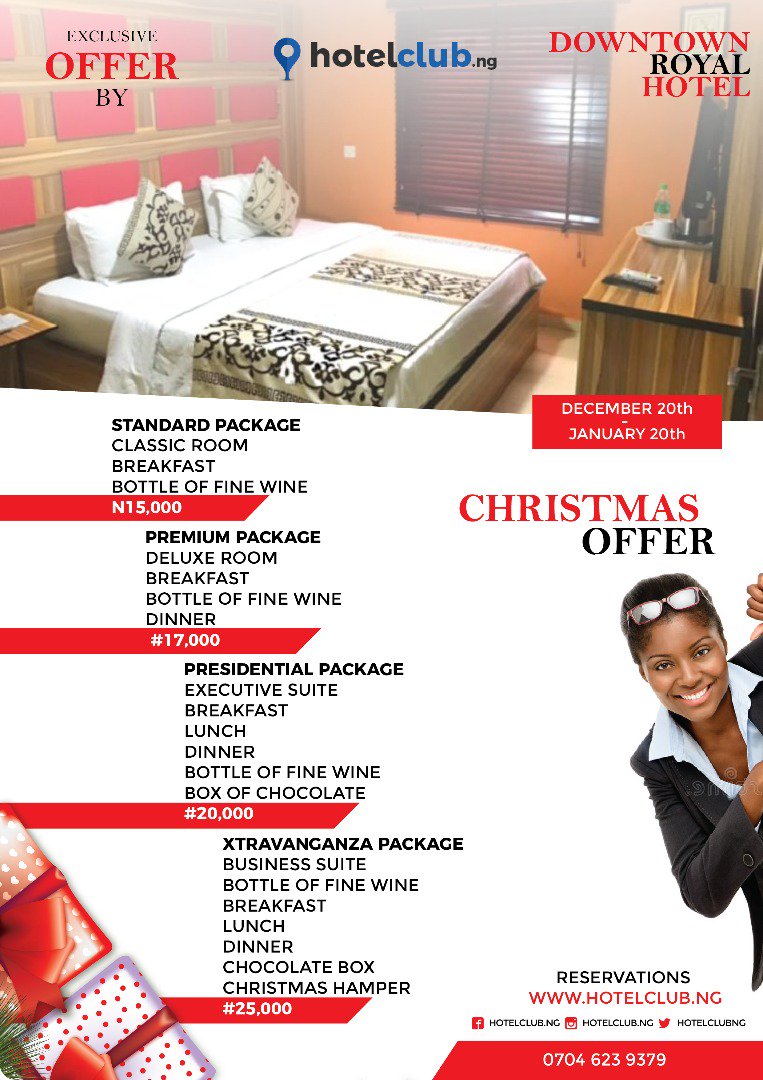HotelClubNG1's tweet photo. Another offer that's available this Christmas Season is with Downtown Royal Hotel Ikeja GRA @downtownroyal_hotel. There's lots of wine, chocolates and a hamper... Yes a hamper for the Extravaganza Package. Offer valid from December 20th till January 31st. From N15,000 to N25,000 https://t.co/U96SZNcDQm
