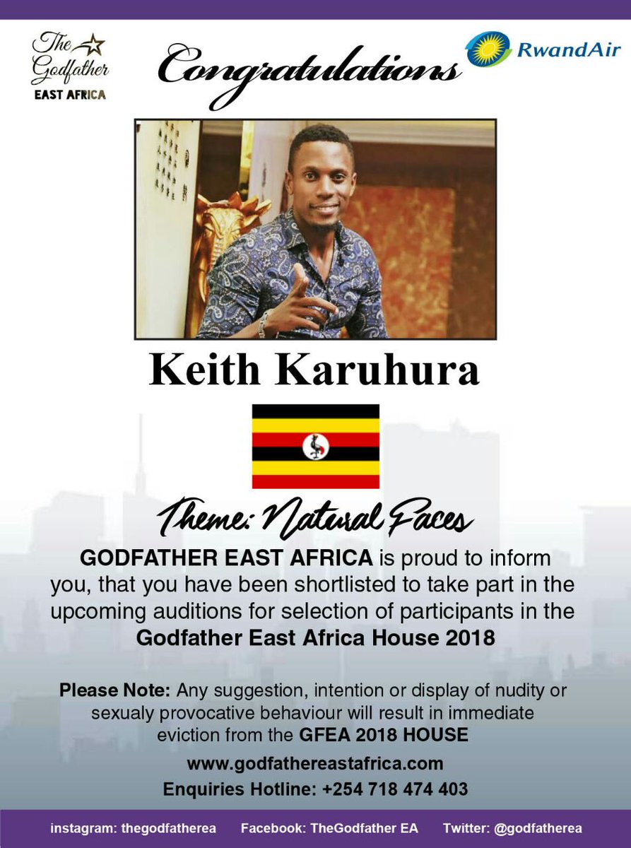 GodFatherEA's tweet photo. Keith Karuhura - Another Ugandan who has Finally made it to the shortlist!!!
Application Process for The Godfather EA #2018house is on until 1st January, 2018.
#Nairobi #EastAfrica #Theme #NaturalFaces #TheGodfatherEA #Contestants
Official website: https://t.co/IGT4zYzUf0 https://t.co/VoAqG9rOzw
